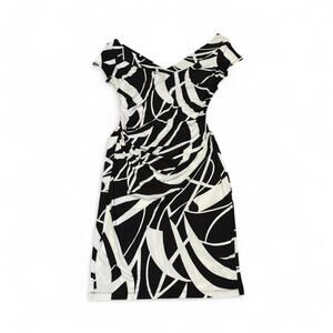 Maggy London Sheath midi Dress V-Neck 10 Cap Sleeve White Black Pattern stretch